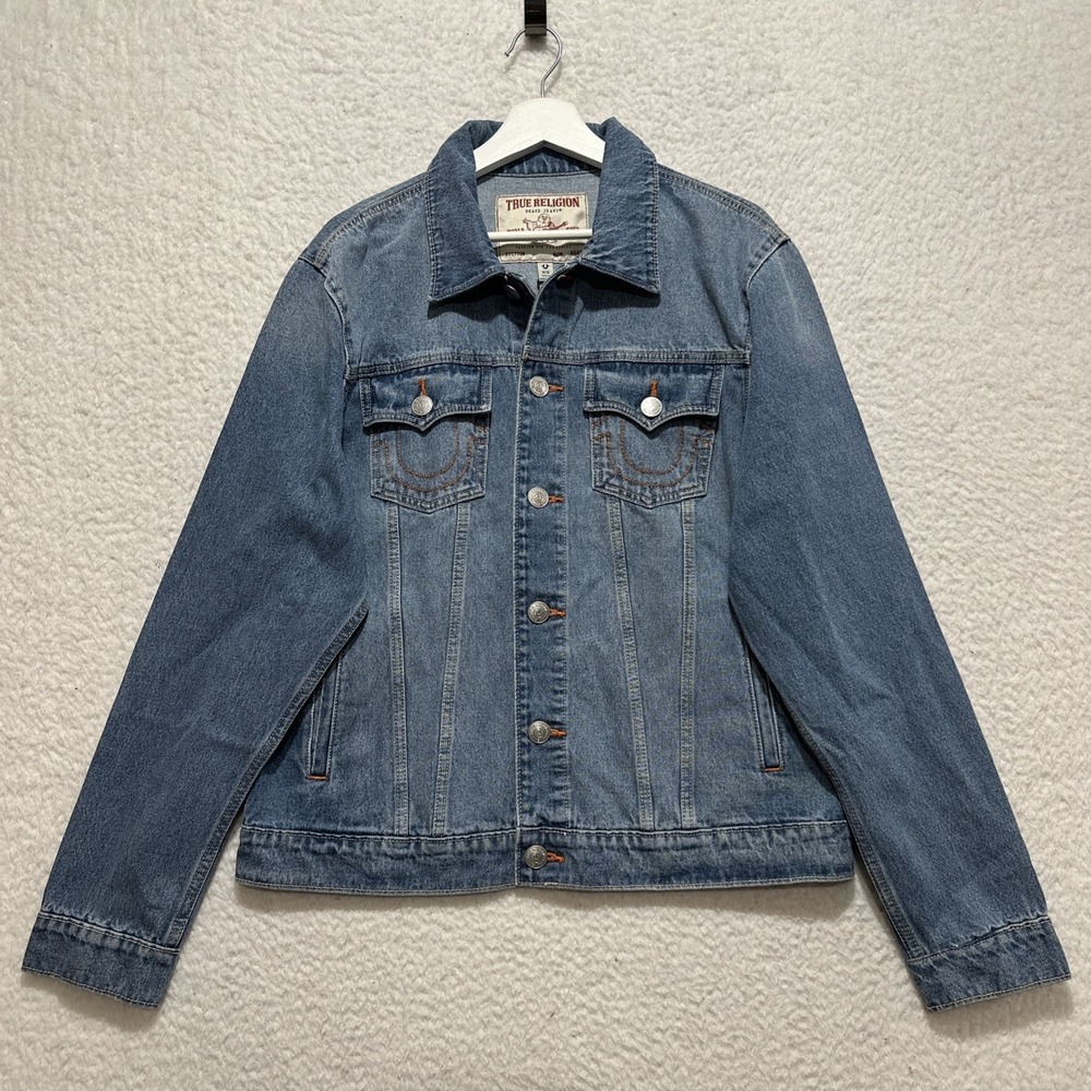 True Religion JESSE SN Trucker Jacket Men's M Medium Wash Denim Chest Pockets‎